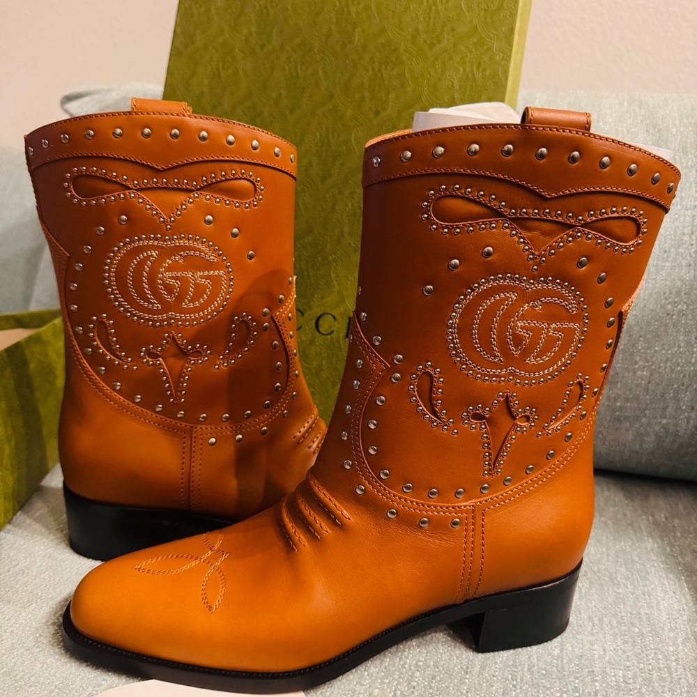 Gucci Brown Leather Studded Heeled Boots